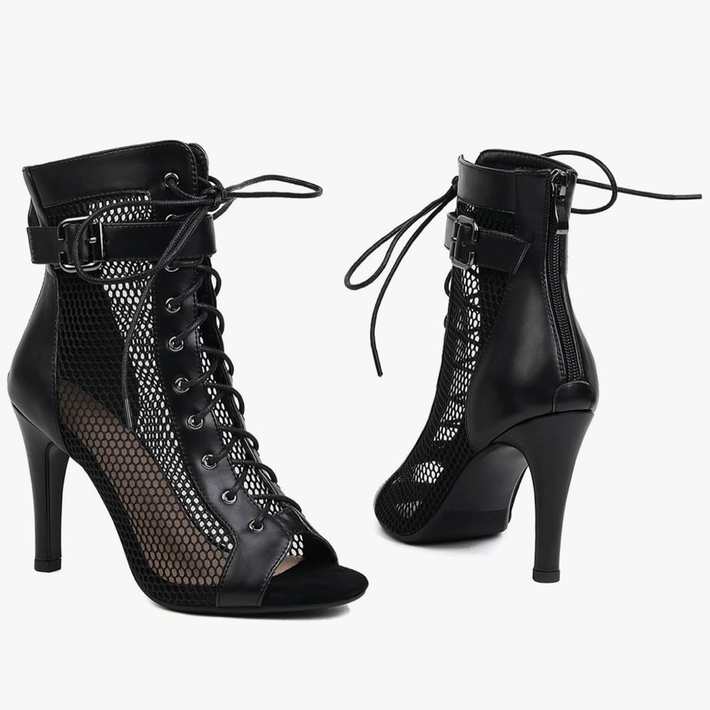 Black Mesh Lace-Up Heeled Ankle Boots